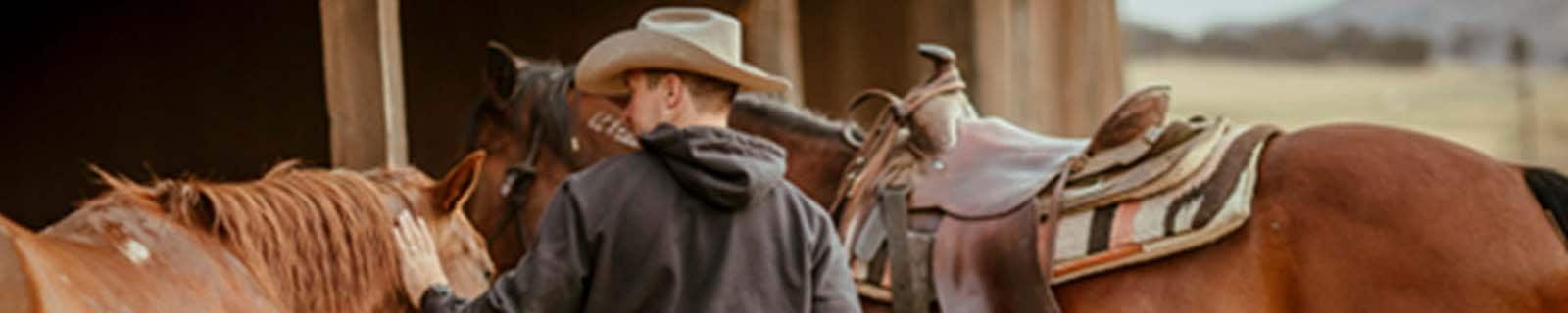 Image of person wearing Carhartt clothing working on a ranch with horses