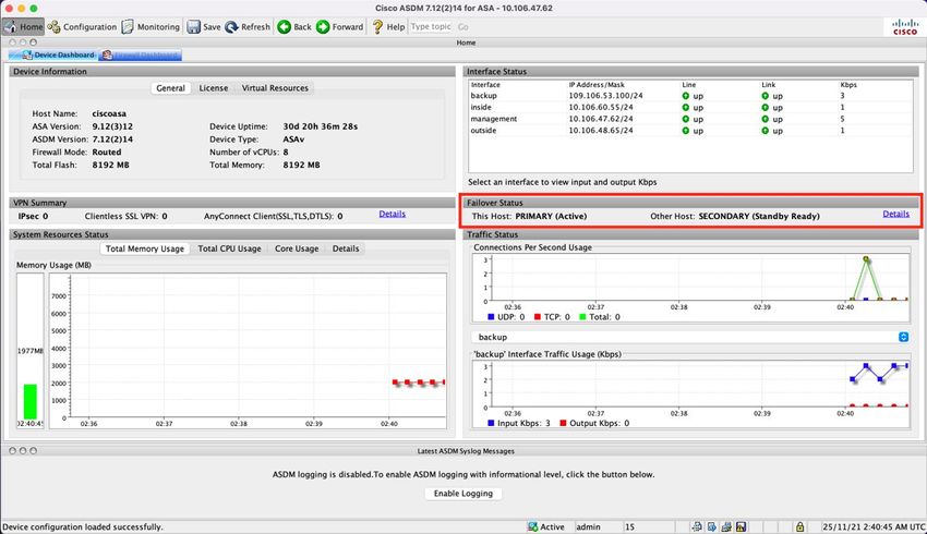 ASDM Home Page to Primary ASA