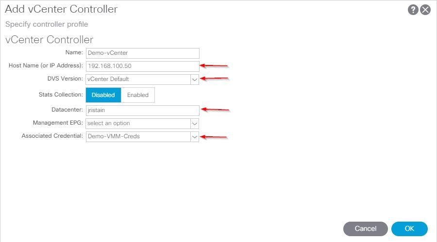 VMM domain integration with ACI and UCS B Series - Add vCenter Controller dialog box