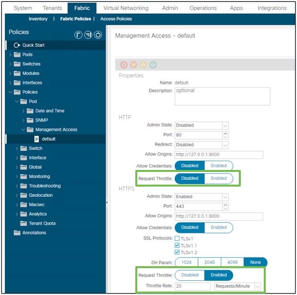 Toggle Request Throttle in Management Access Policies