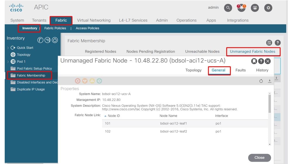 Información de nodos de fabric no administrados