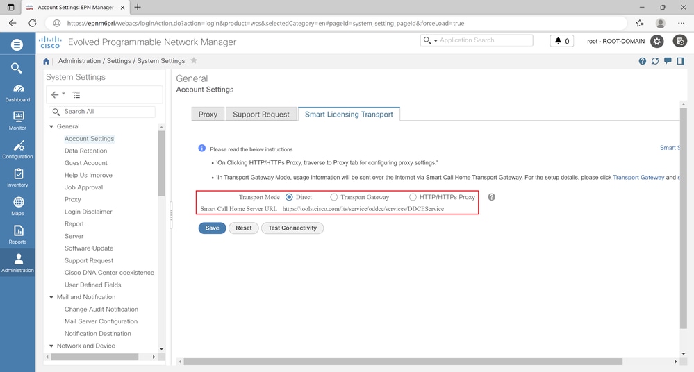 Fig 5.31 - Configure Transport Mode and URL.