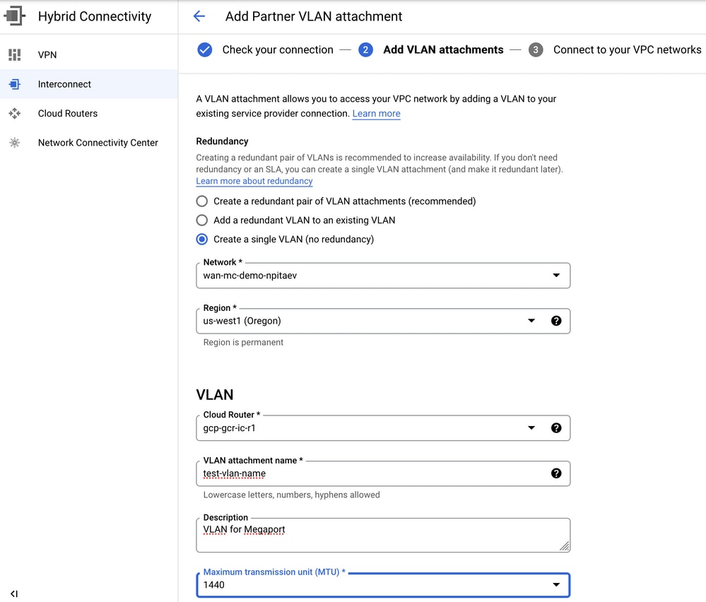 GCP Console where the VLAN is Attached to Google Cloud Router for Interconnect Provisioning