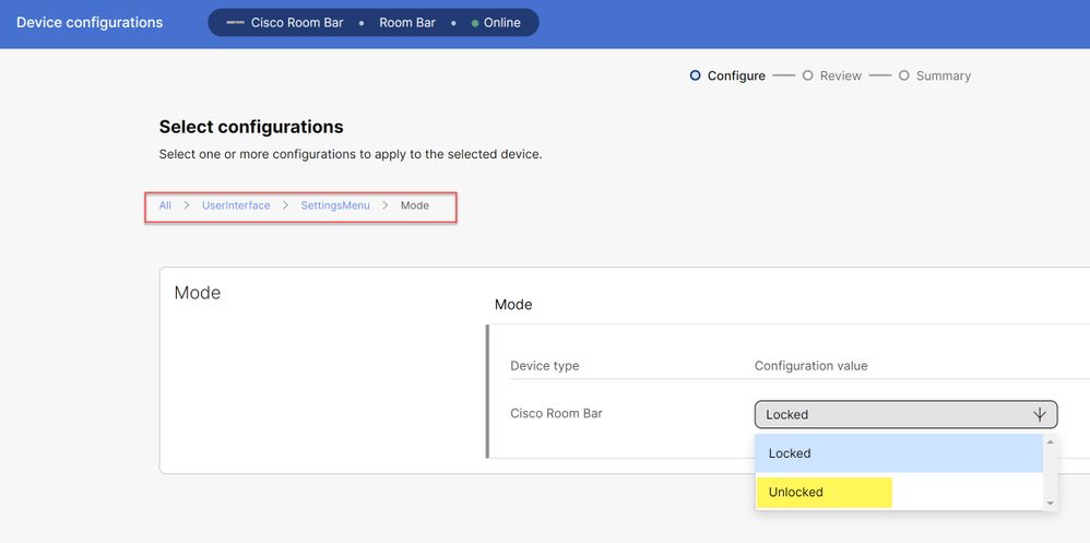 Control Hub Device Settings Menu