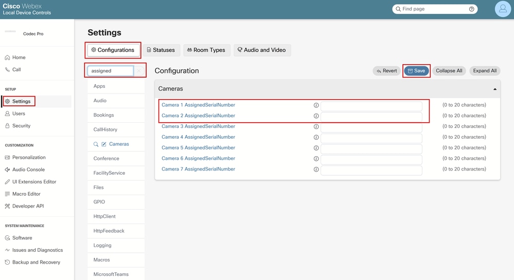 Cameras Camera [n] AssignedSerialNumber Configuration in Endpoint GUI