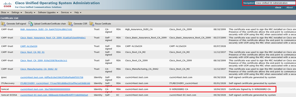 Certificat CUCM Tomcat