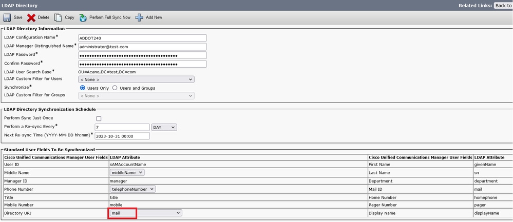 تكوين CUCM LDAP 2