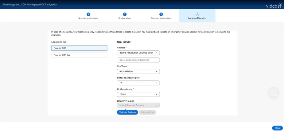 Location Migration Page Lists the Non-Integrated Intelepeer Locations