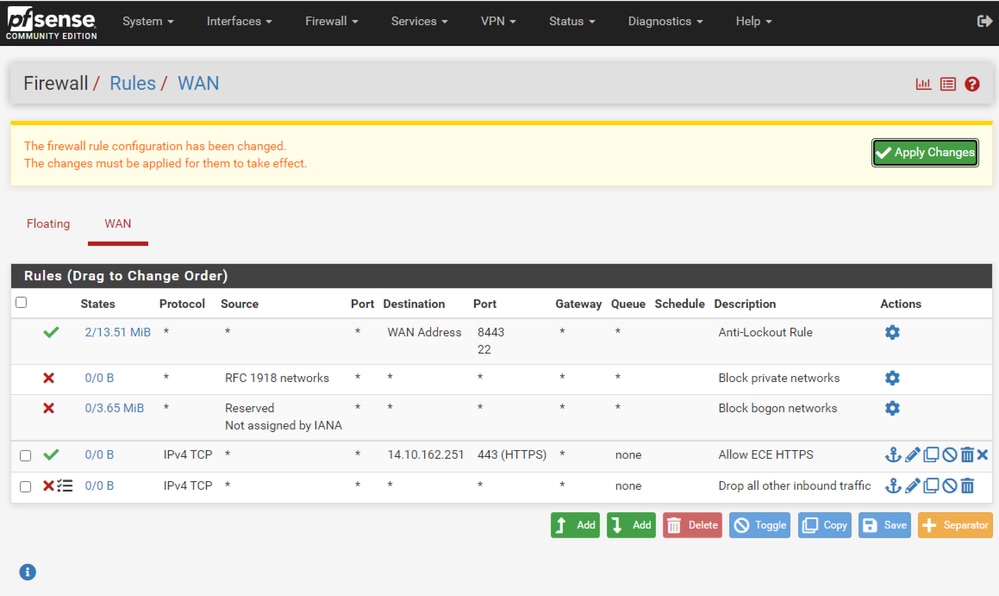 pfSense GUI - Firewall Rules List