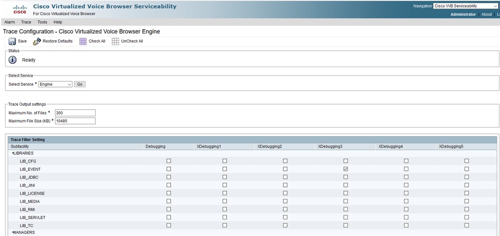 Cisco VVB 추적 컨피그레이션 보기