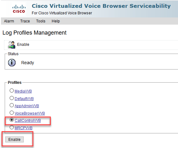 Logs Profile Management(로그 프로파일 관리)에서 CallControlVVB를 선택하고 Enable(활성화)을 선택합니다