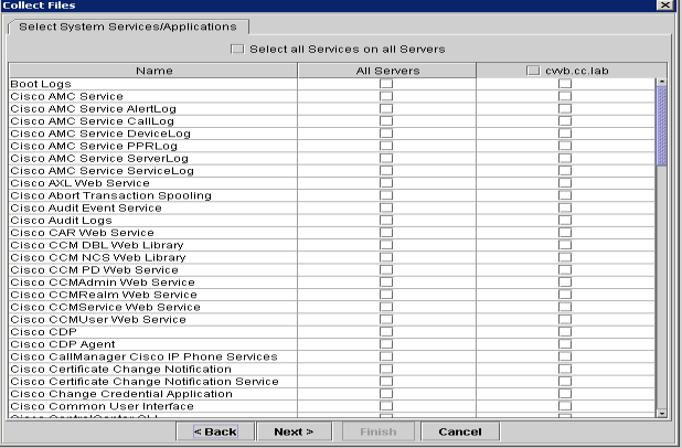 Collect Filesダイアログボックス – Select System Services/Applications