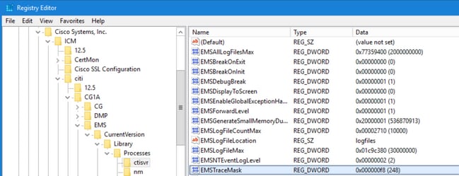 UCCE Agent PG、レジストリエディタ内のナビゲーション(Regedit)