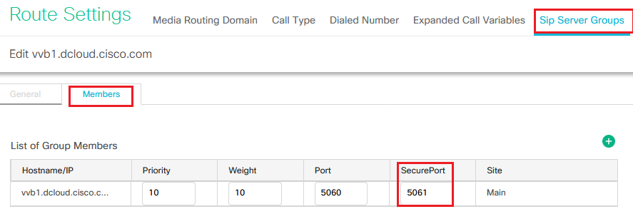 Setting secure SIP Port for VVB Server Group