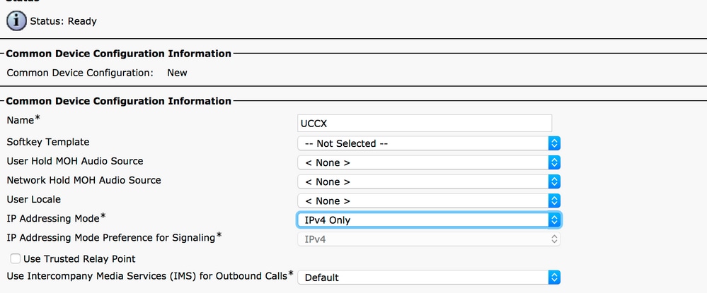 IPアドレッシングモードをIPv4のみに設定したUCCXエージェント用の新しいCommon Device Configuration(CDC)を作成する