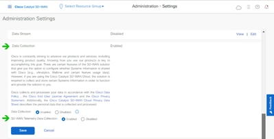 Gegevensverzameling en SD-WAN telemetriegegevensverbinding ingeschakeld