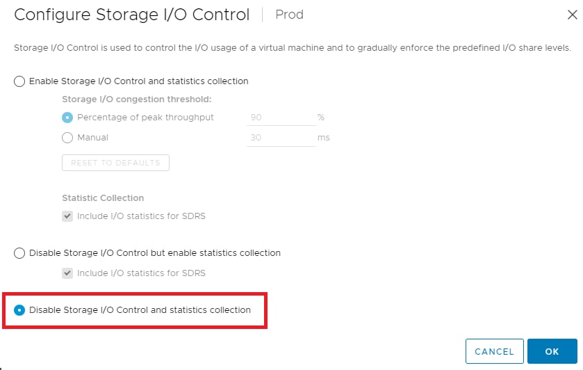 Storage I/O control disabled.