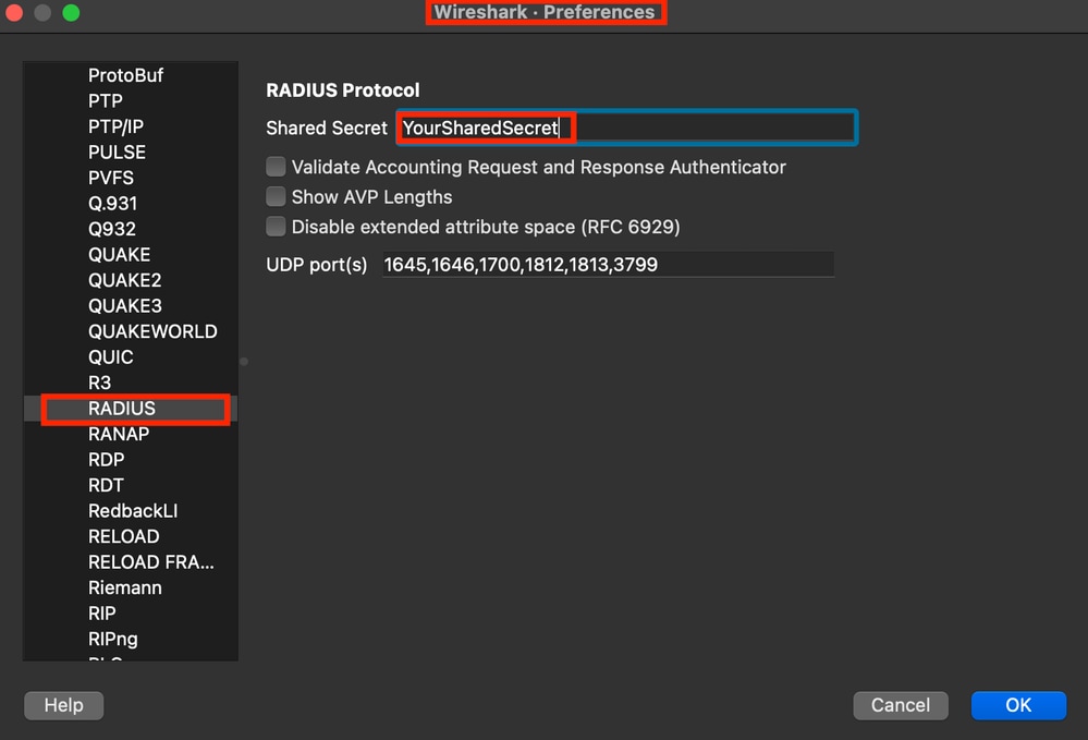 Wireshark Radius 옵션