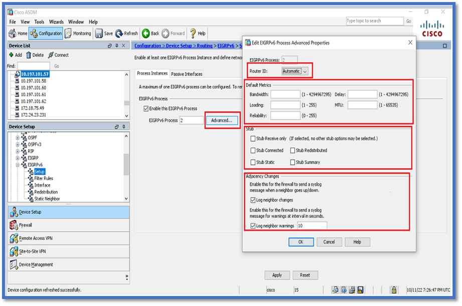 Configuration du routage EIGRP et des métriques par défaut