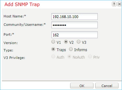 FTD SNMP - Configurazione di FXOS SNMP v1/v2c - Finestra di dialogo per l'aggiunta delle trap SNMP