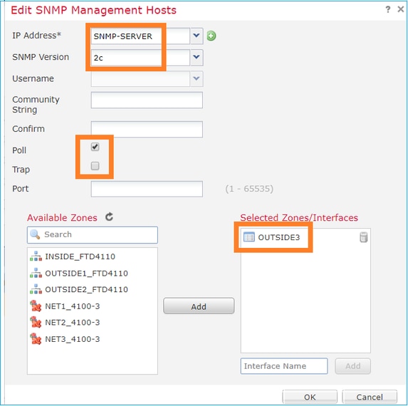 FTD SNMP - Configurazione di LINA SNMPv2c - Finestra di dialogo per la modifica degli host di gestione SNMP