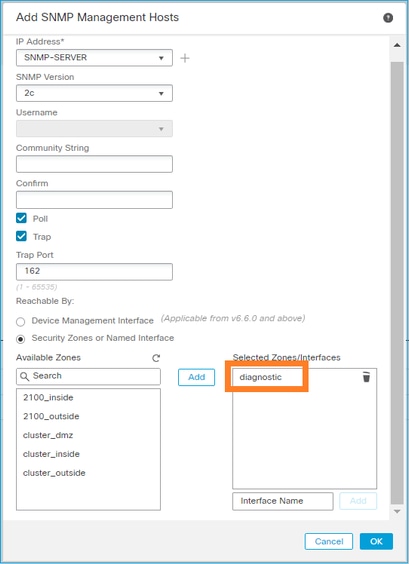 FTD SNMP - Configurazione di LINA SNMPv2c - Specificare l'interfaccia di diagnostica come origine dei messaggi SNMP