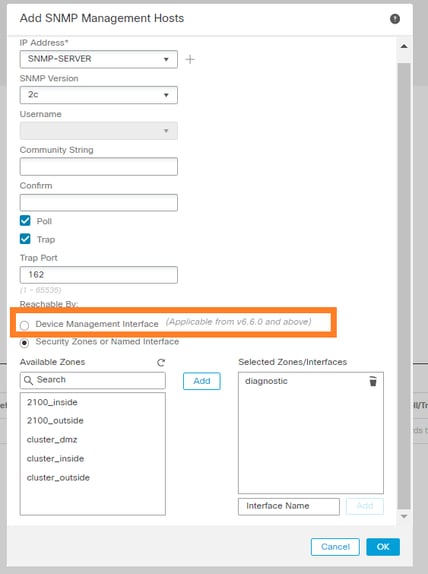 SNMP do FTD – Configurar o SNMPv2c do LINA – Escolher a interface de gerenciamento nas versões do FTD posteriores a 6.6