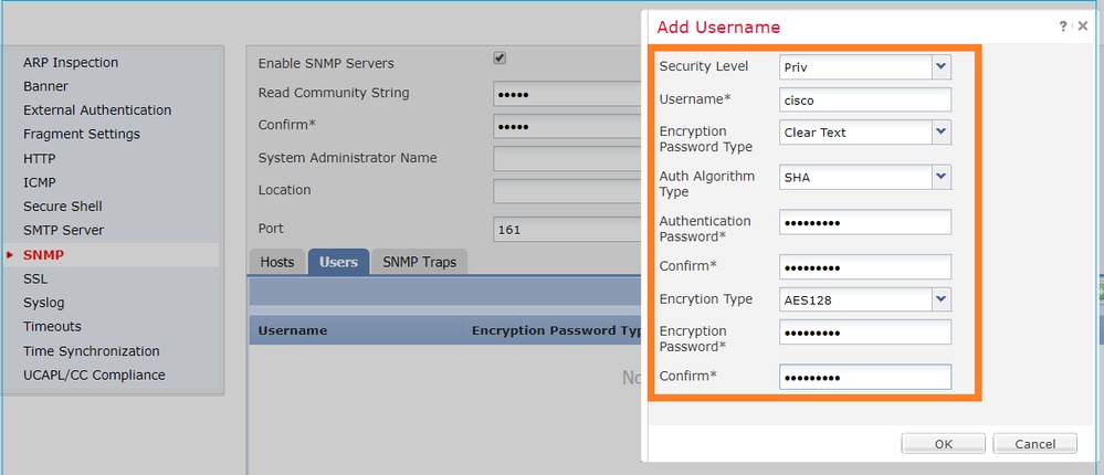 SNMP do FTD – Configurar o SNMPv3 do LINA – caixa de diálogo Adicionar nome de usuário