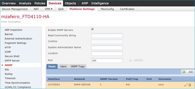 FTD SNMP - Configurazione di LINA SNMPv3 - Scheda dei dispositivi