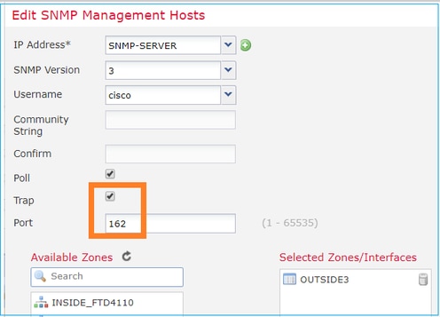 SNMP do FTD – Configurar o SNMPv3 do LINA – caixa de diálogo Editar hosts de gerenciamento do SNMP