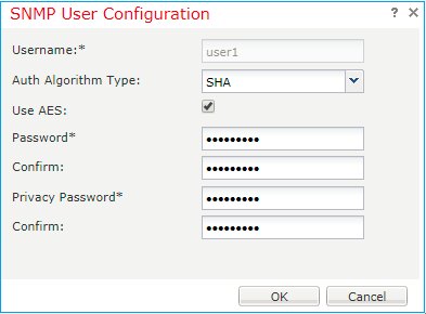 FTD SNMP - Finestra di dialogo per la configurazione dell'utente SNMP