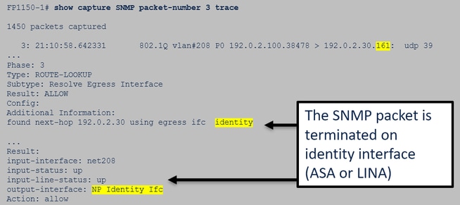 SNMP do FTD – Rastreamento de pacotes da interface de dados do FTD – funcional – O pacote do SNMP é encerrado na interface de identificação (ASA ou LINA)