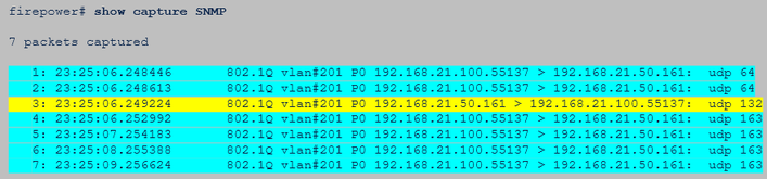 SNMP do FTD – A captura de pacotes mostra muitas solicitações e uma resposta