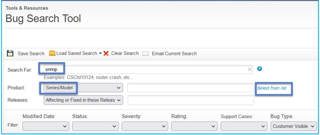 FTD SNMP - Ricerca delle anomalie SNMP - Esempio di query dello strumento Bug Search Tool