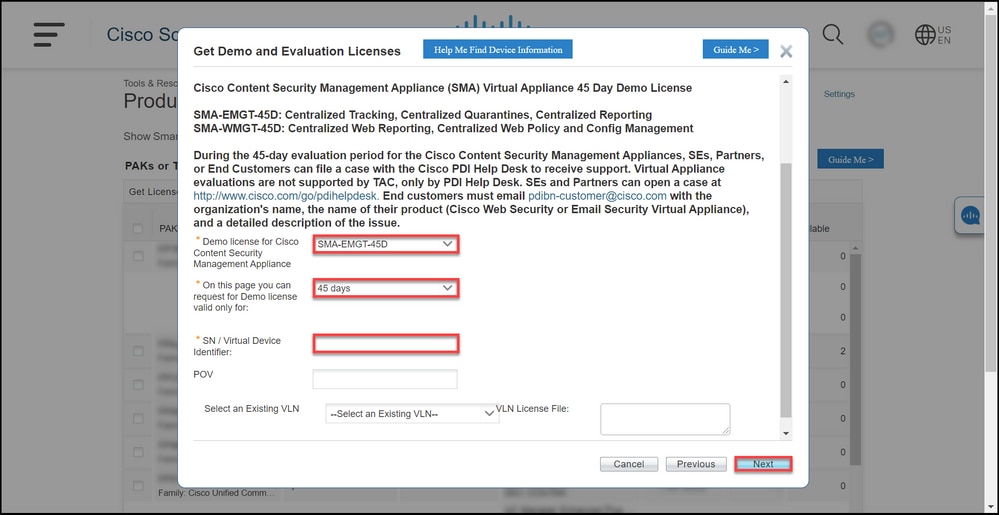 Generating a Demo or Evaluation License for SEG (IronPort) - Specify target device and options