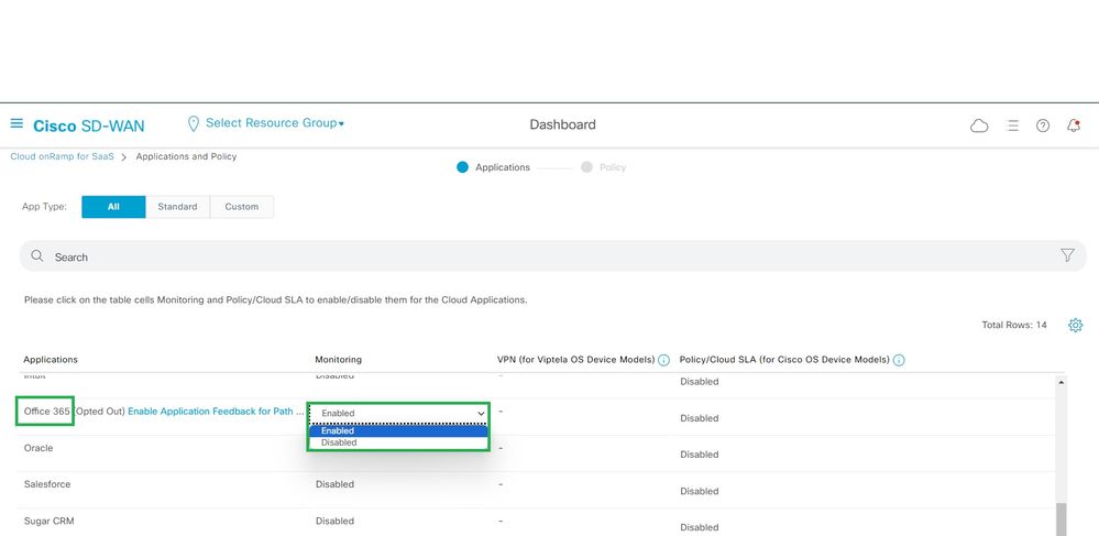 Applications(애플리케이션) 선택 및 Enable Monitoring(모니터링 활성화)