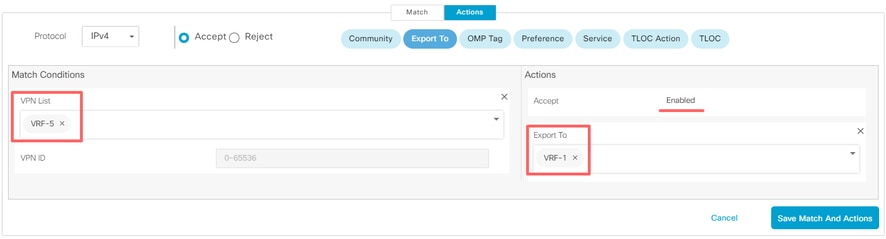 VRF 5의 라우팅 정보를 VRF 1로 내보내기