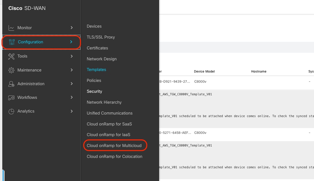 Configuration(컨피그레이션), Cloud onRamp for Multicloud로 이동합니다.