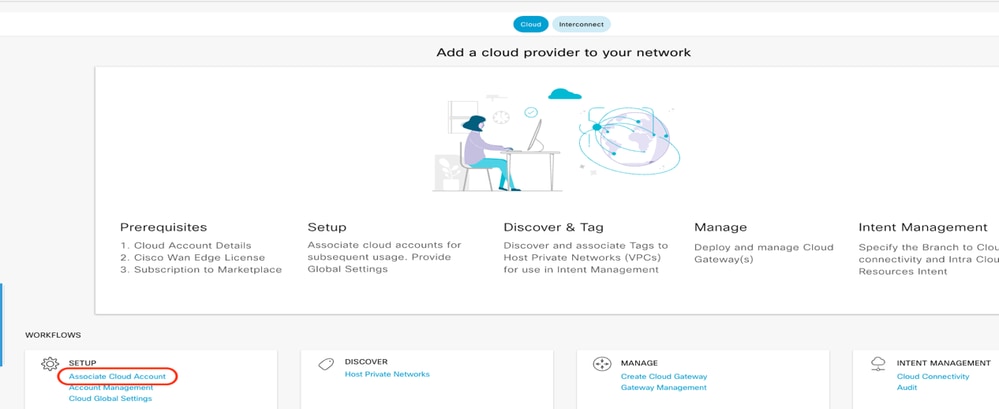 Associate Cloud Account(클라우드 어카운트 연결)를 클릭합니다