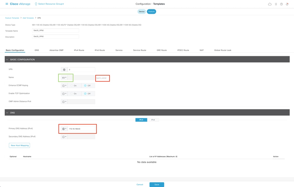 VPN 0 Feature Template Basic Configuration