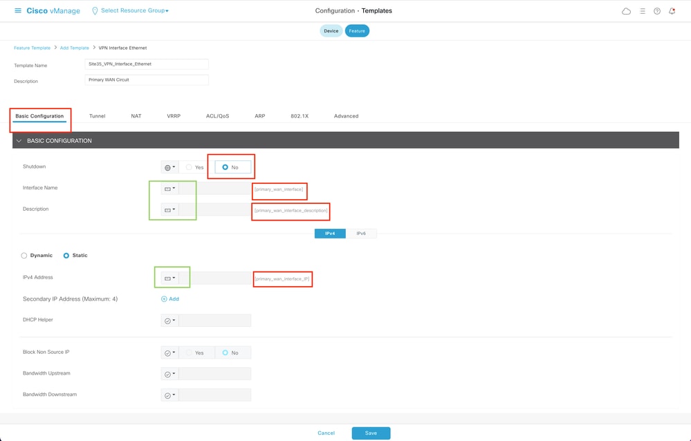 Primary WAN Interface Feature Template Basic Configuration