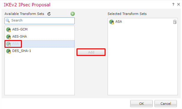 Cisco Firepower VPN Configuration - Configure IPsec - Add the new encryption to the selected transform sets