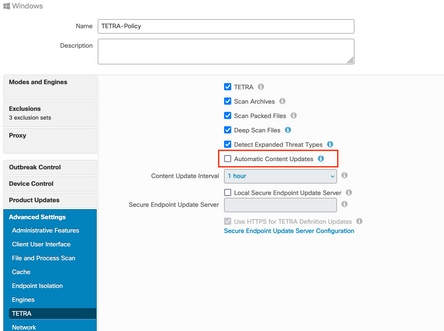 Secure Endpoint Management Console - TETRA section - Automatic Content Updates