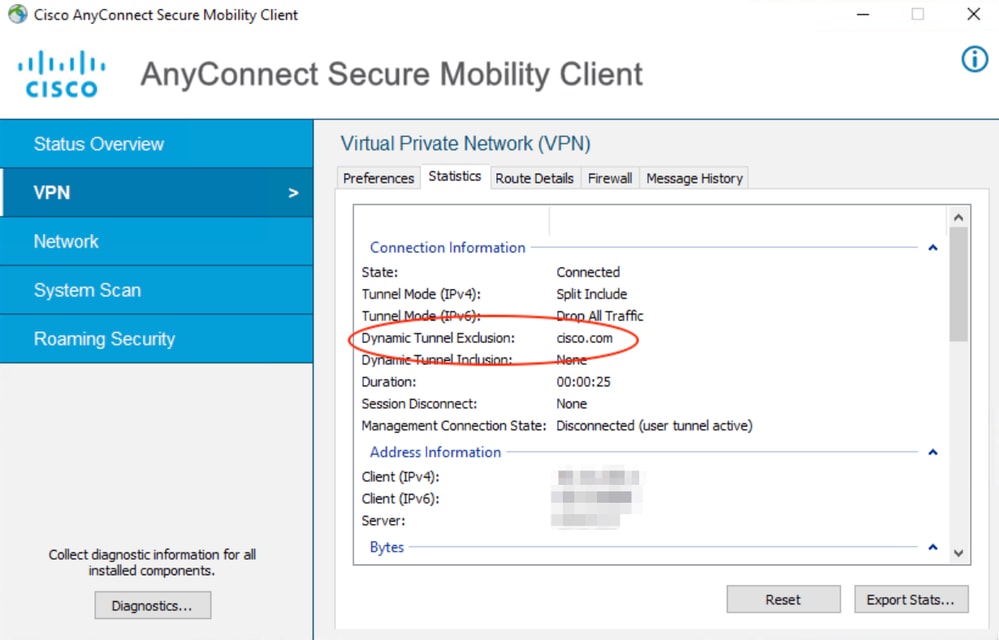 AnyConnectクライアントの統計情報の確認