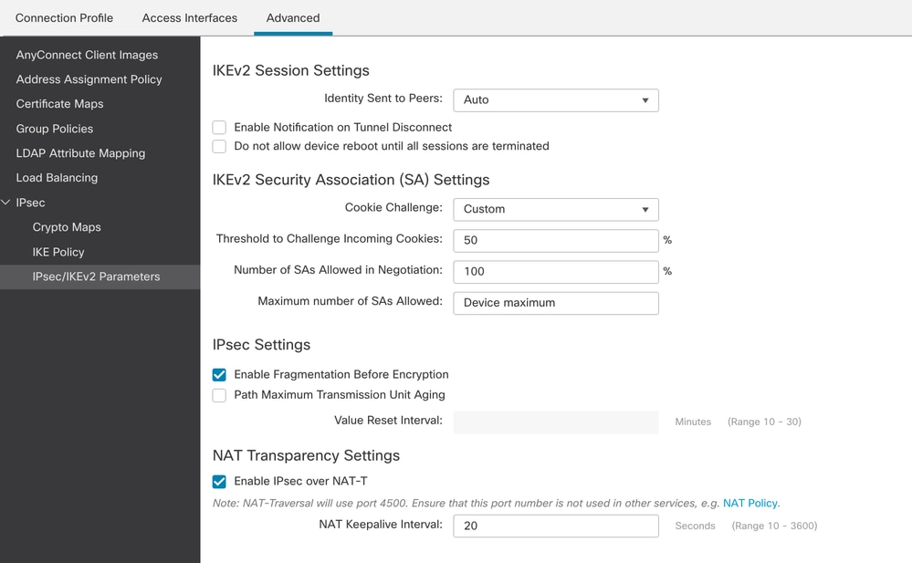 FMC - Parâmetros IPsec/IKEv2