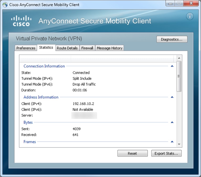 علامة تبويب إحصائيات AnyConnect Secure Mobility Client