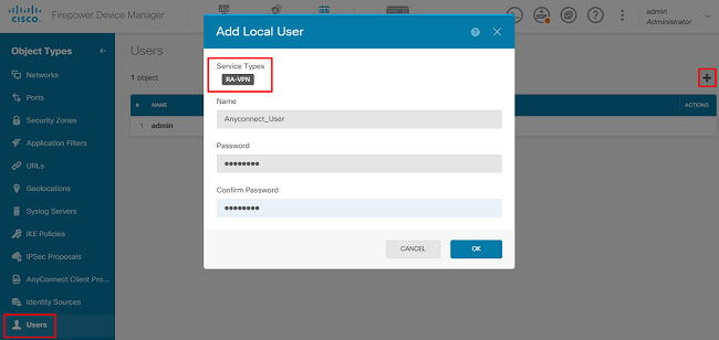 Creación de usuarios locales de VPN para la conexión de AnyConnect en la GUI de FDM