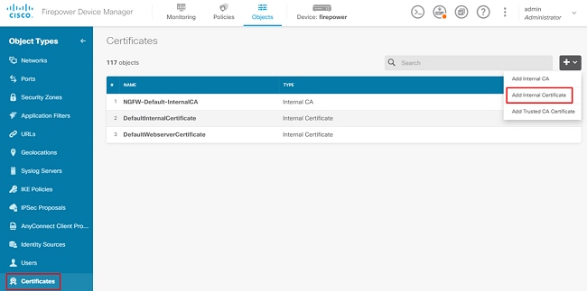 Configuración del certificado interno en la GUI de FDM