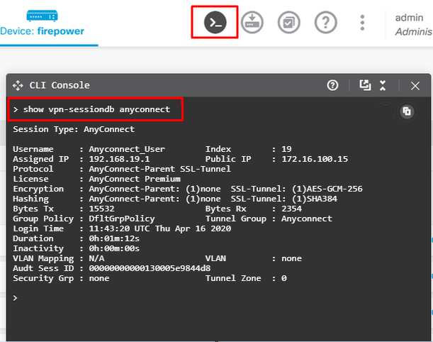 Supervisión de usuarios de AnyConnect mediante CLI en la GUI de FDM