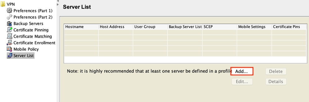 Perfil XML: Lista de servidores